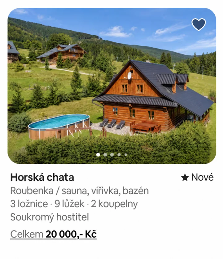 Ilustrační ukázka nabídky: Horská chata. Roubenka / sauna, vířivka, bazén. Celkem 20 000,- Kč.